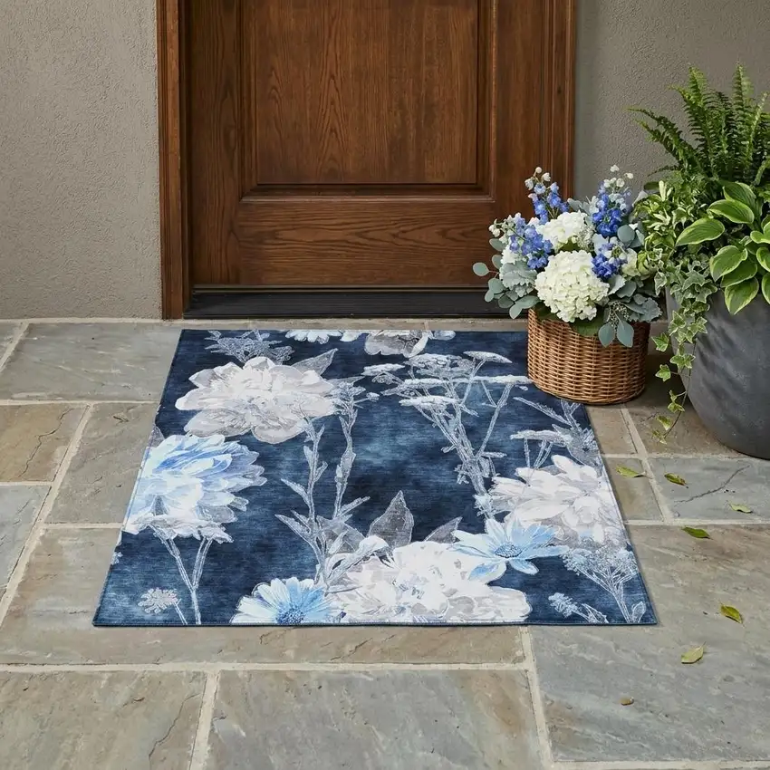 Navy Blue And Blue Floral Washable Indoor Outdoor Area Rug Photo 1