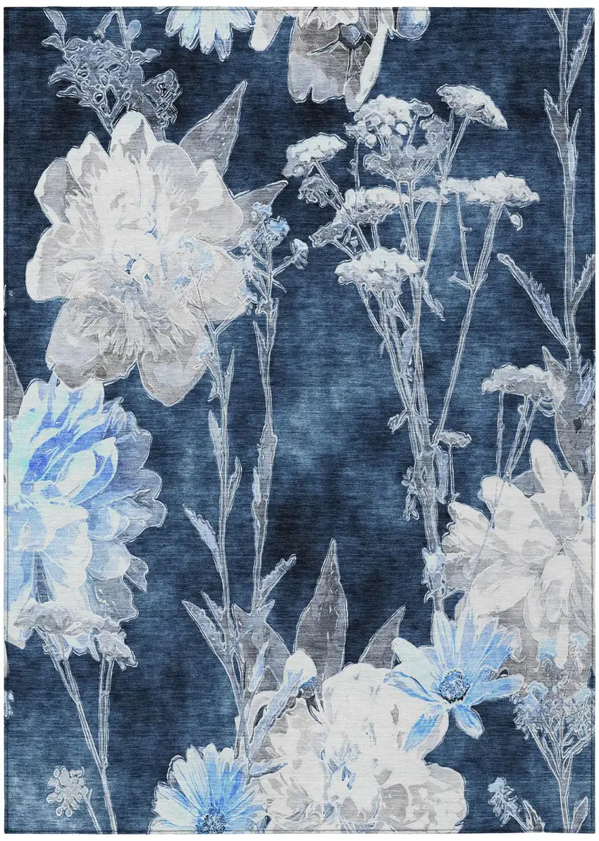 Navy Blue And Blue Floral Washable Indoor Outdoor Area Rug Photo 2
