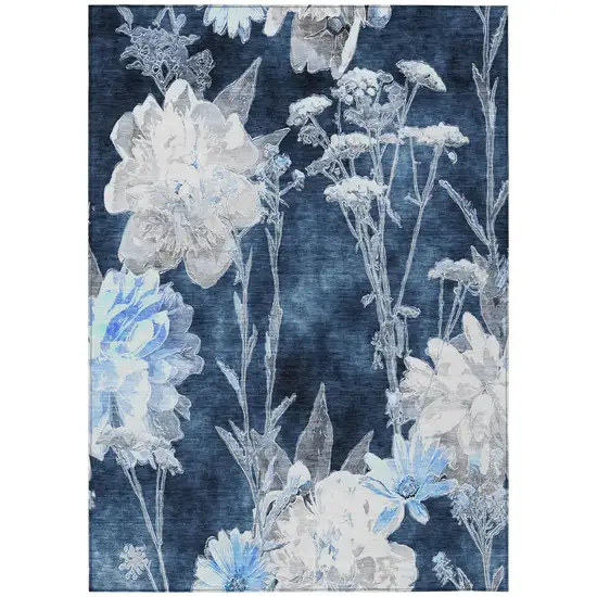 Navy Blue And Blue Floral Washable Indoor Outdoor Area Rug Photo 2
