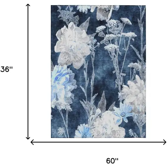 Navy Blue And Blue Floral Washable Indoor Outdoor Area Rug Photo 5