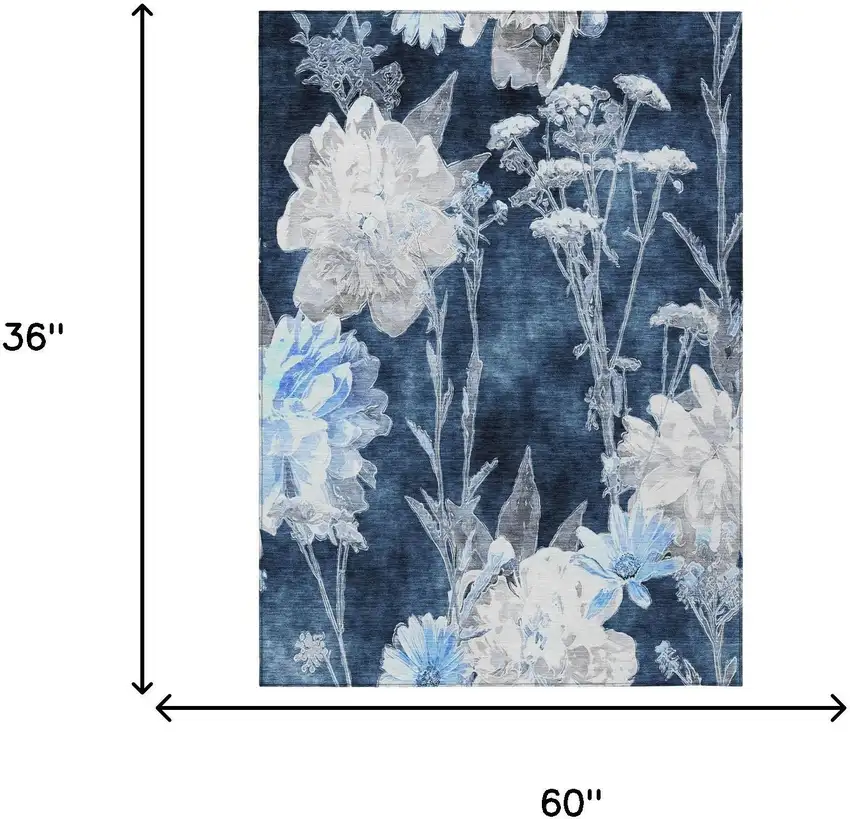 Navy Blue And Blue Floral Washable Indoor Outdoor Area Rug Photo 5