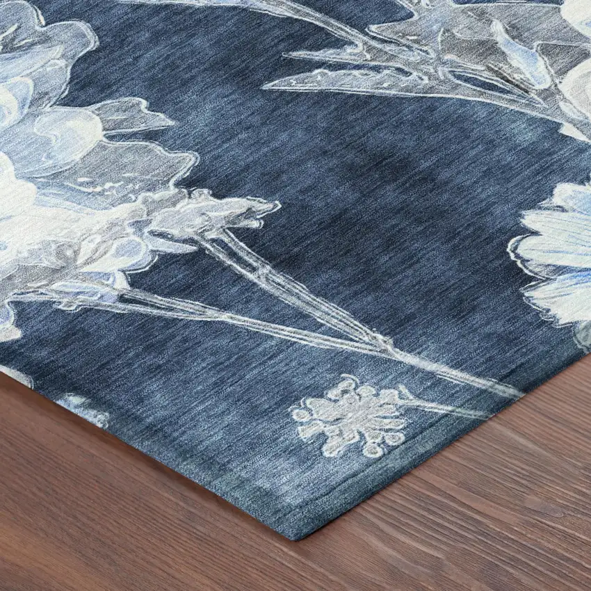 Navy Blue And Blue Floral Washable Indoor Outdoor Area Rug Photo 3