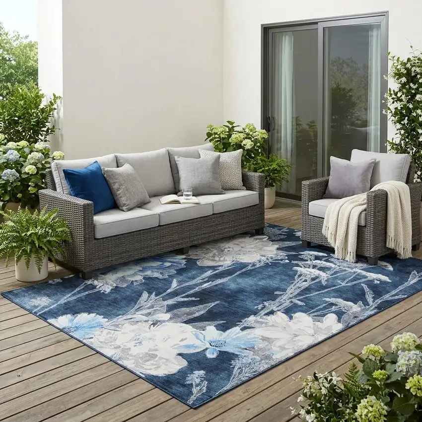 Navy Blue And Blue Floral Washable Indoor Outdoor Area Rug Photo 1