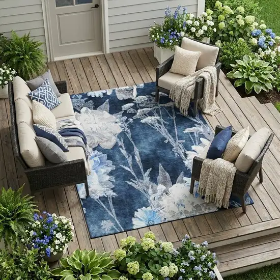 Navy Blue And Blue Floral Washable Indoor Outdoor Area Rug Photo 1
