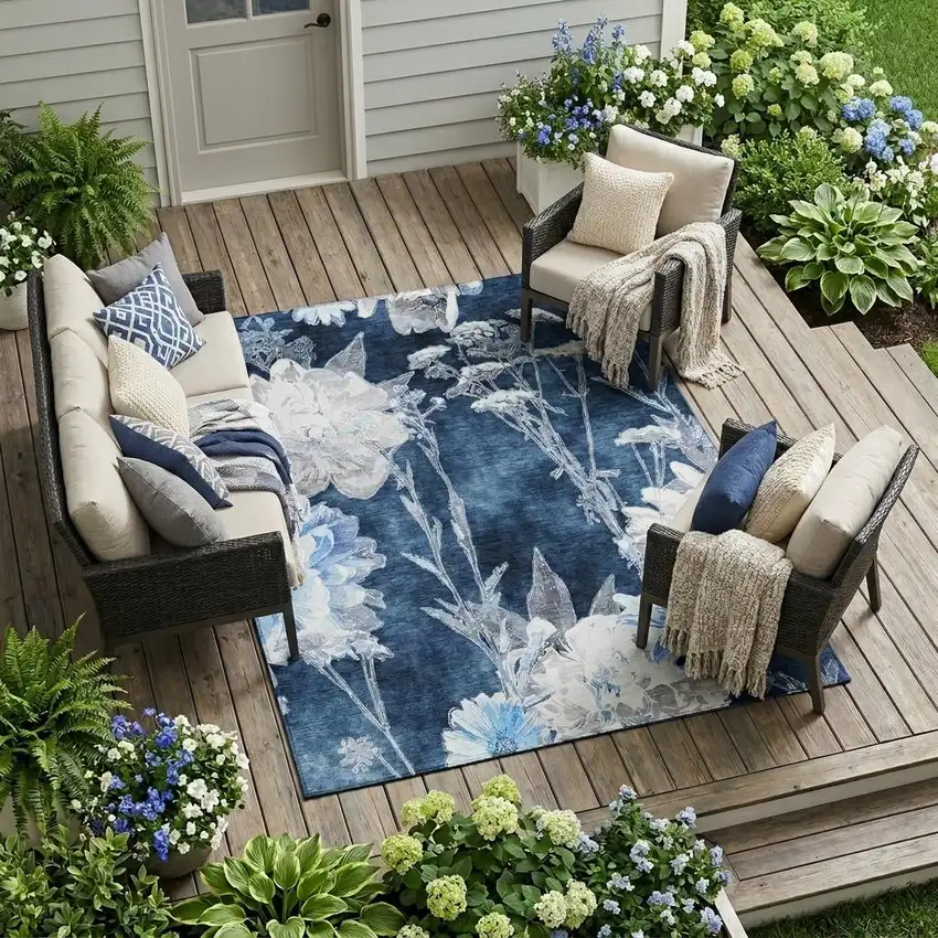 Navy Blue And Blue Floral Washable Indoor Outdoor Area Rug Photo 1