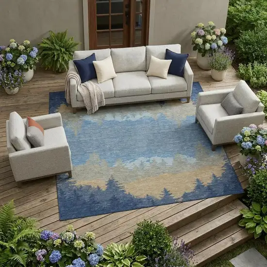 Navy Blue And Blue Floral Washable Indoor Outdoor Area Rug Photo 1