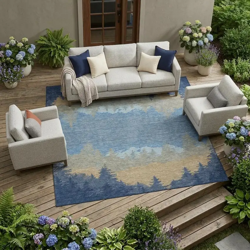 Navy Blue And Blue Floral Washable Indoor Outdoor Area Rug Photo 1