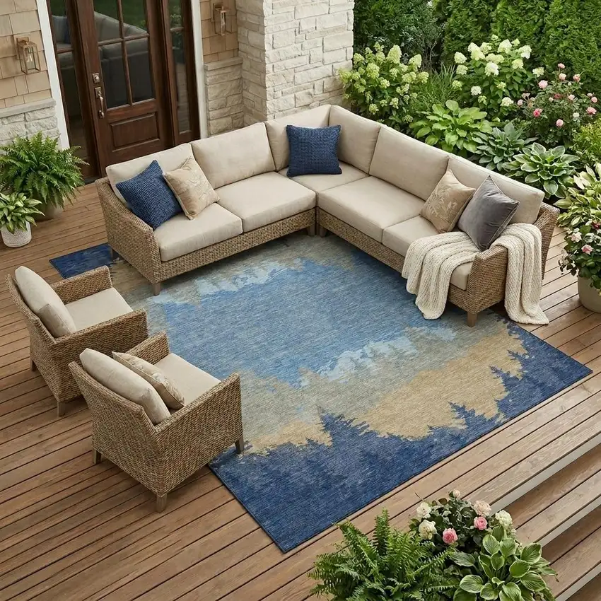 Navy Blue And Blue Floral Washable Indoor Outdoor Area Rug Photo 1