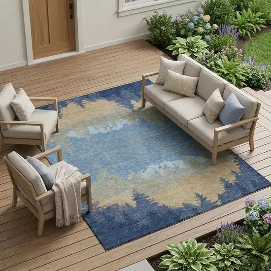 Navy Blue And Blue Floral Washable Indoor Outdoor Area Rug Photo 1