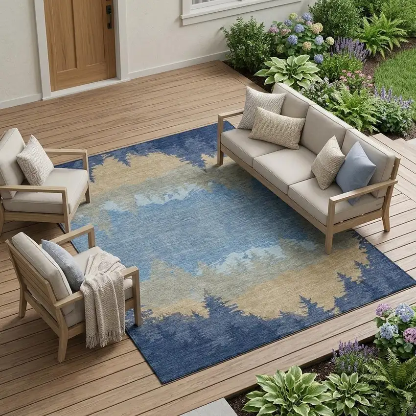 Navy Blue And Blue Floral Washable Indoor Outdoor Area Rug Photo 1