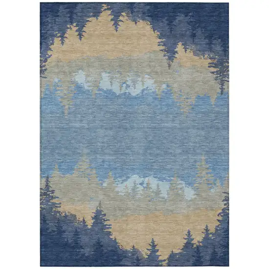 Navy Blue And Blue Floral Washable Indoor Outdoor Area Rug Photo 2