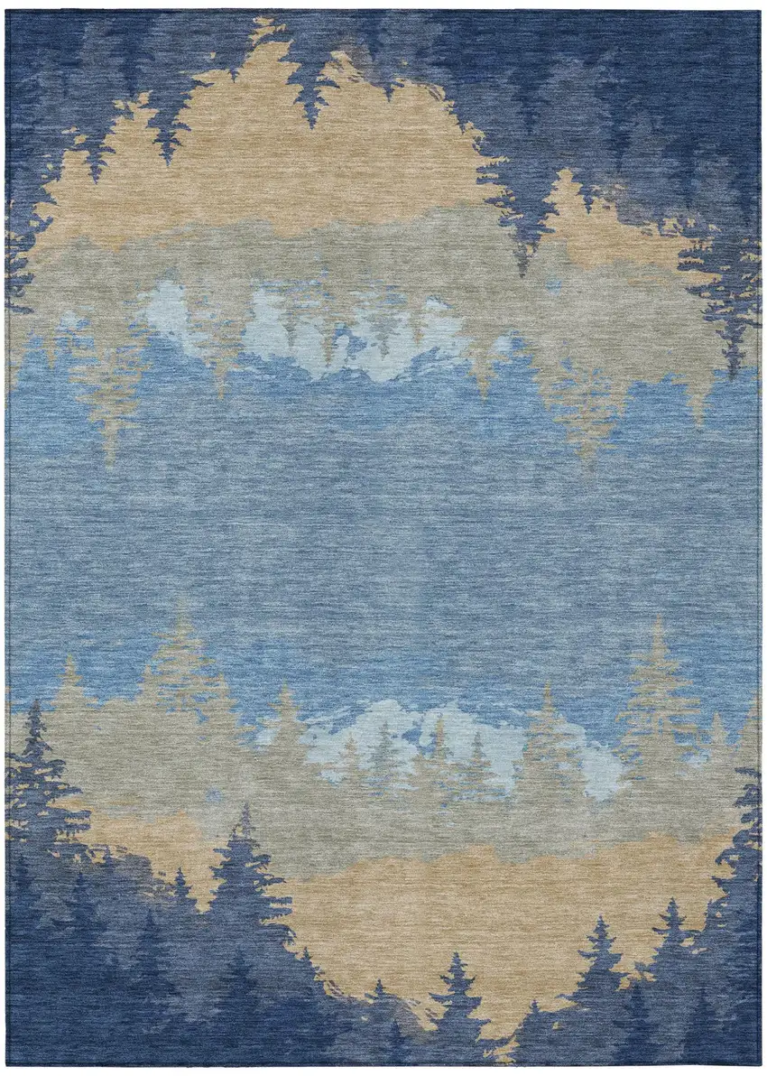 Navy Blue And Blue Floral Washable Indoor Outdoor Area Rug Photo 2
