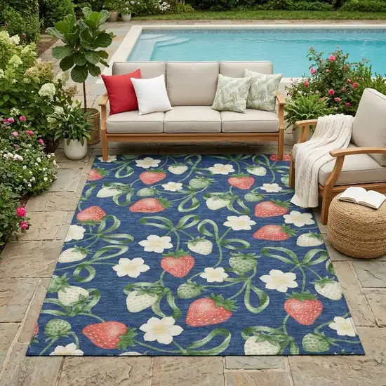 Navy Blue And Blue Floral Washable Indoor Outdoor Area Rug Photo 1