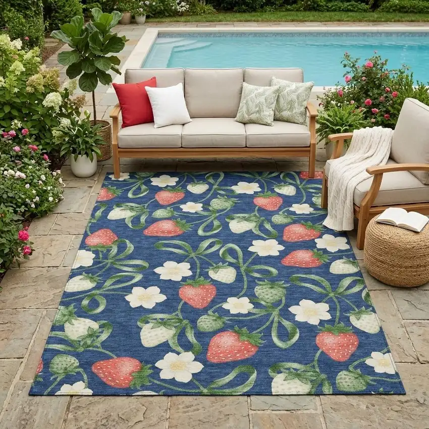 Navy Blue And Blue Floral Washable Indoor Outdoor Area Rug Photo 1