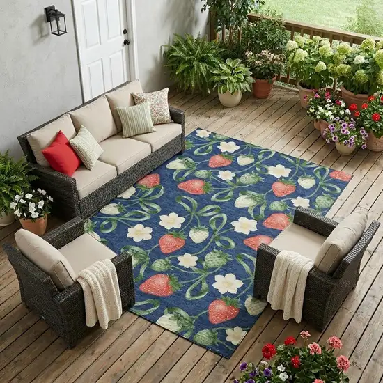 Navy Blue And Blue Floral Washable Indoor Outdoor Area Rug Photo 1