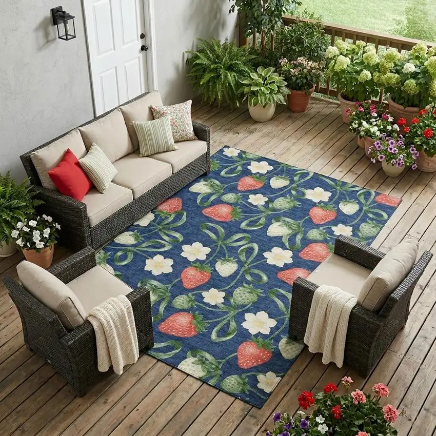 Navy Blue And Blue Floral Washable Indoor Outdoor Area Rug Photo 1