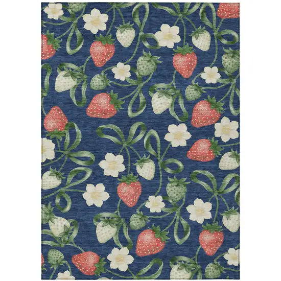 Navy Blue And Blue Floral Washable Indoor Outdoor Area Rug Photo 2