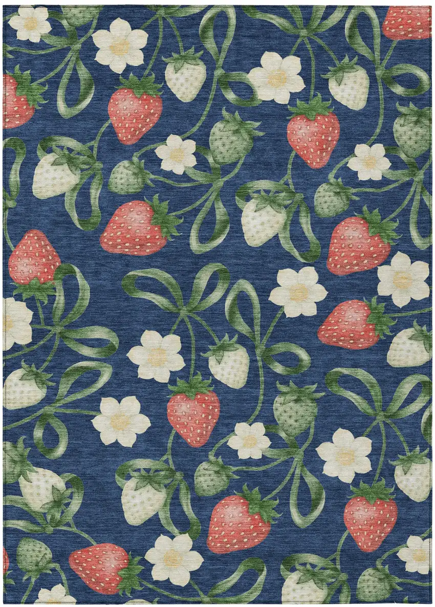 Navy Blue And Blue Floral Washable Indoor Outdoor Area Rug Photo 2