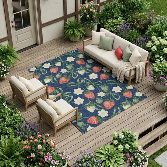Navy Blue And Blue Floral Washable Indoor Outdoor Area Rug Photo 1
