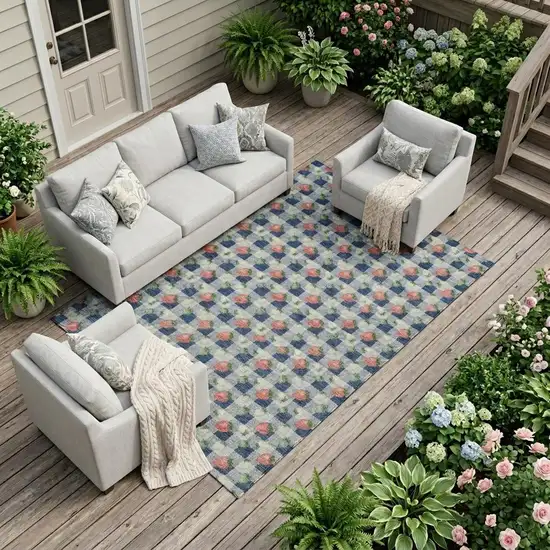 Navy Blue And Blue Floral Washable Indoor Outdoor Area Rug Photo 1