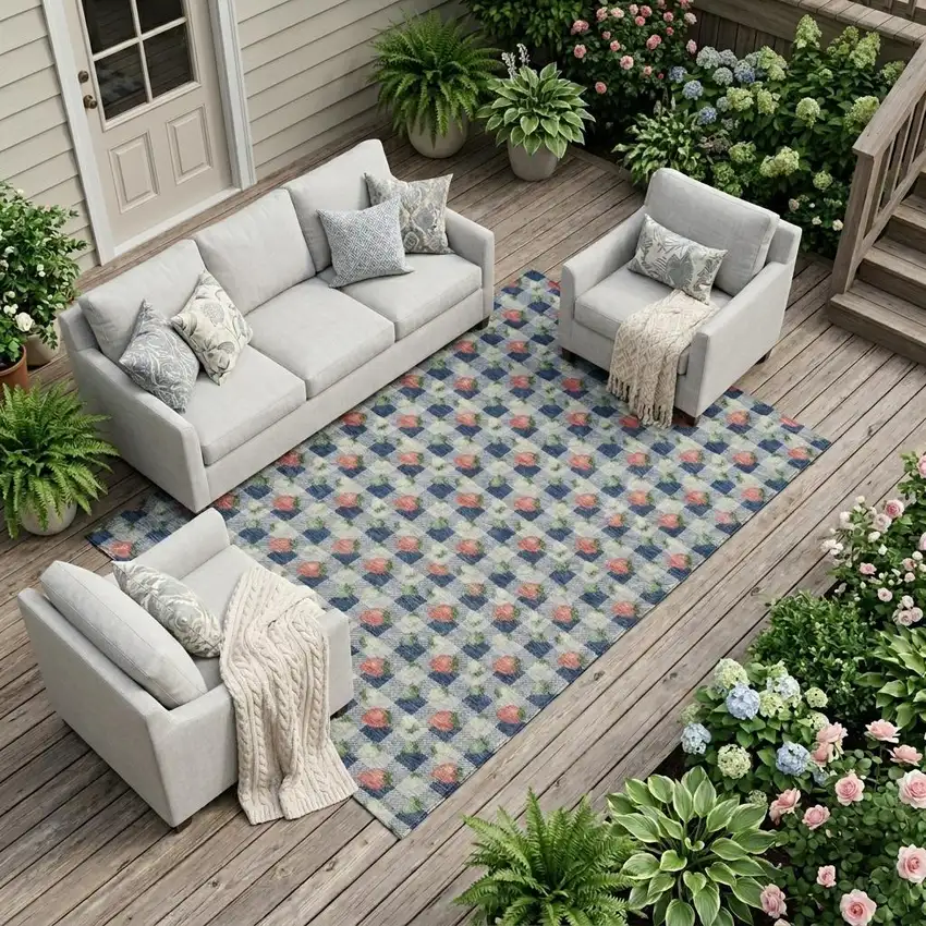 Navy Blue And Blue Floral Washable Indoor Outdoor Area Rug Photo 1