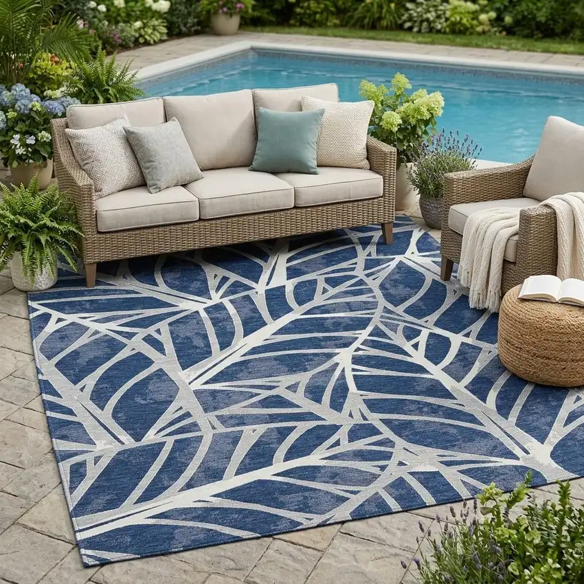 Navy Blue And Blue Floral Washable Indoor Outdoor Area Rug Photo 1