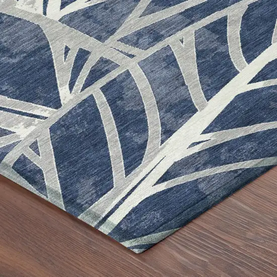 Navy Blue And Blue Floral Washable Indoor Outdoor Area Rug Photo 3