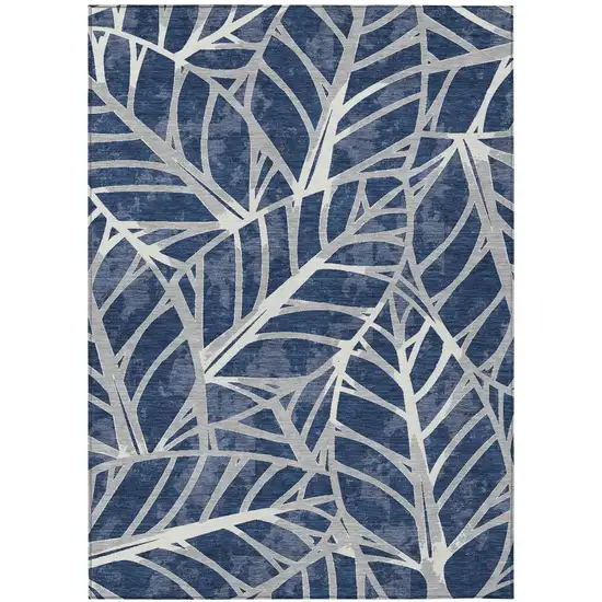 Navy Blue And Blue Floral Washable Indoor Outdoor Area Rug Photo 2