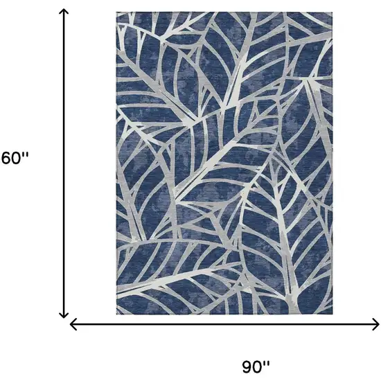 Navy Blue And Blue Floral Washable Indoor Outdoor Area Rug Photo 5