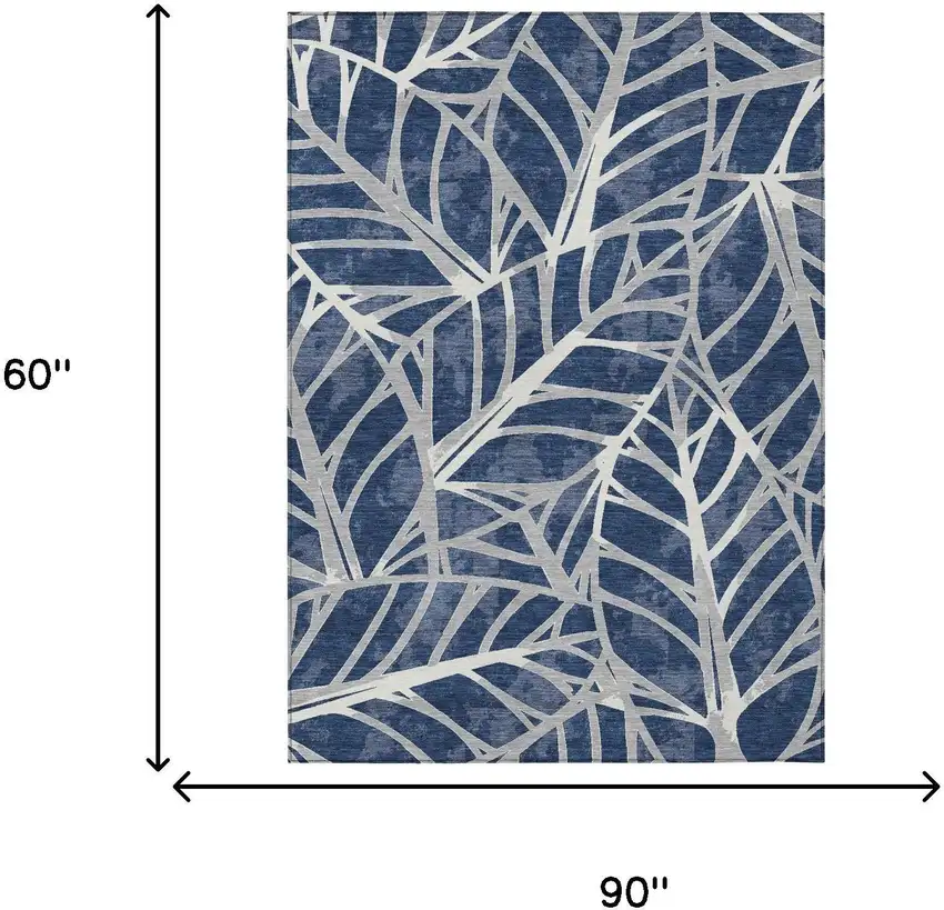 Navy Blue And Blue Floral Washable Indoor Outdoor Area Rug Photo 5