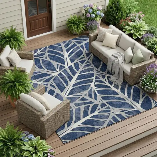 Navy Blue And Blue Floral Washable Indoor Outdoor Area Rug Photo 1