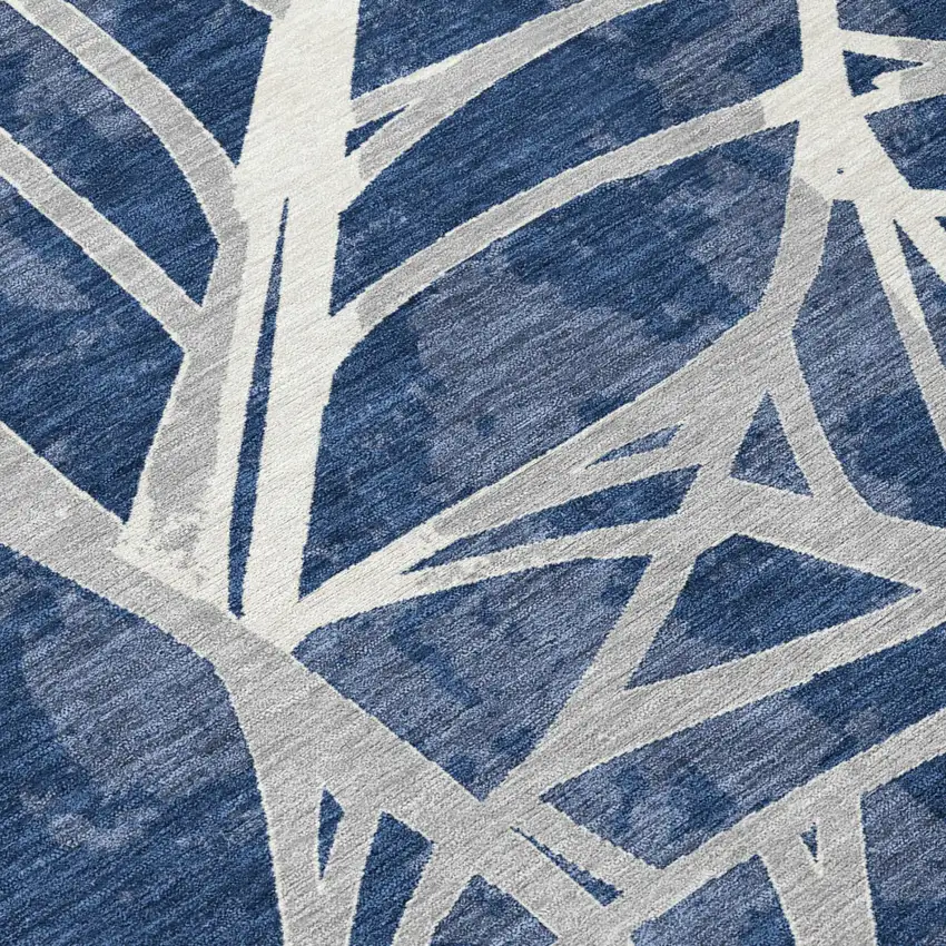 Navy Blue And Blue Floral Washable Indoor Outdoor Area Rug Photo 4