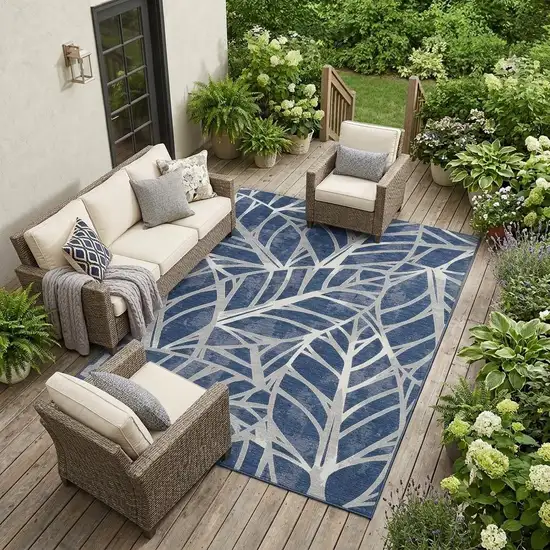 Navy Blue And Blue Floral Washable Indoor Outdoor Area Rug Photo 1
