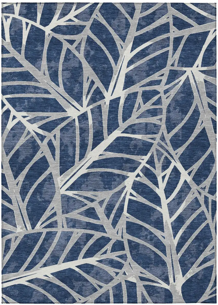 Navy Blue And Blue Floral Washable Indoor Outdoor Area Rug Photo 2
