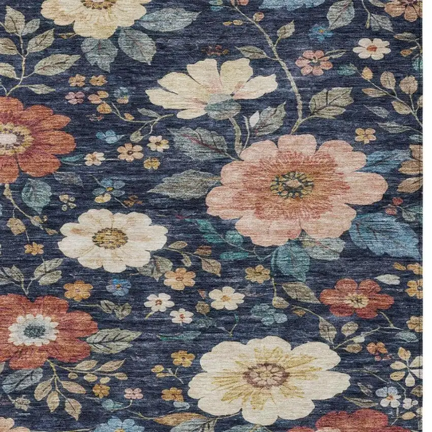 Navy Blue And Blue Floral Washable Indoor Outdoor Area Rug Photo 9
