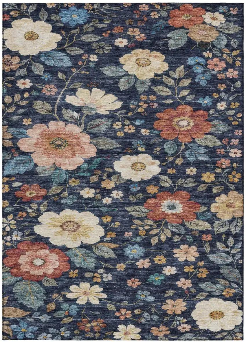 Navy Blue And Blue Floral Washable Indoor Outdoor Area Rug Photo 1
