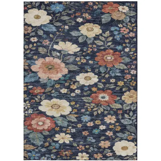 Navy Blue And Blue Floral Washable Indoor Outdoor Area Rug Photo 1