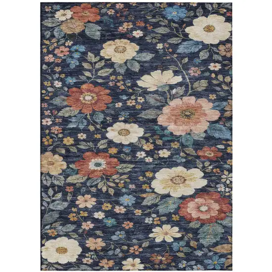 Navy Blue And Blue Floral Washable Indoor Outdoor Area Rug Photo 3