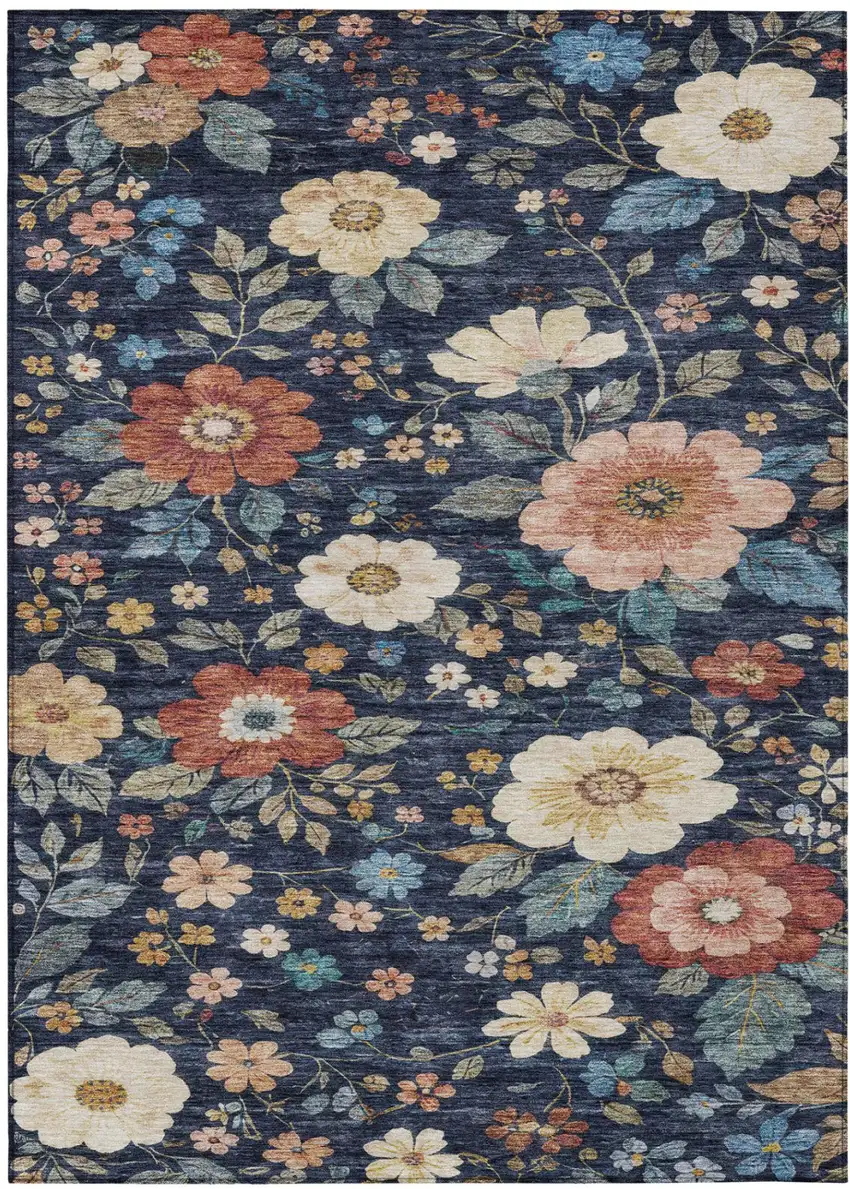 Navy Blue And Blue Floral Washable Indoor Outdoor Area Rug Photo 3