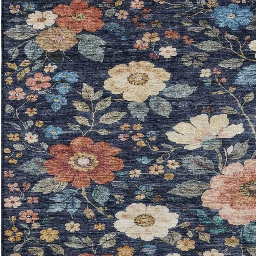 Navy Blue And Blue Floral Washable Indoor Outdoor Area Rug Photo 5