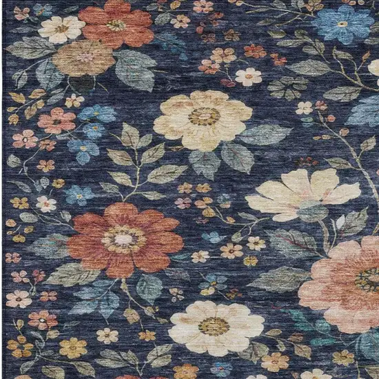 Navy Blue And Blue Floral Washable Indoor Outdoor Area Rug Photo 5