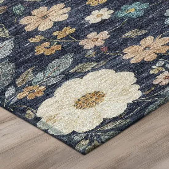 Navy Blue And Blue Floral Washable Indoor Outdoor Area Rug Photo 8