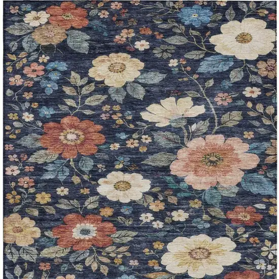 Navy Blue And Blue Floral Washable Indoor Outdoor Area Rug Photo 4