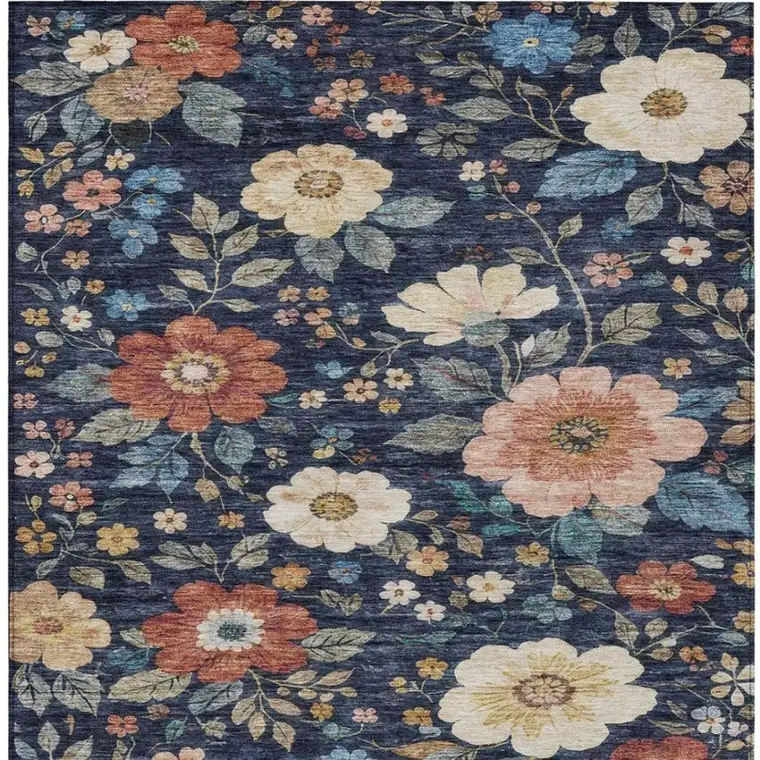 Navy Blue And Blue Floral Washable Indoor Outdoor Area Rug Photo 4