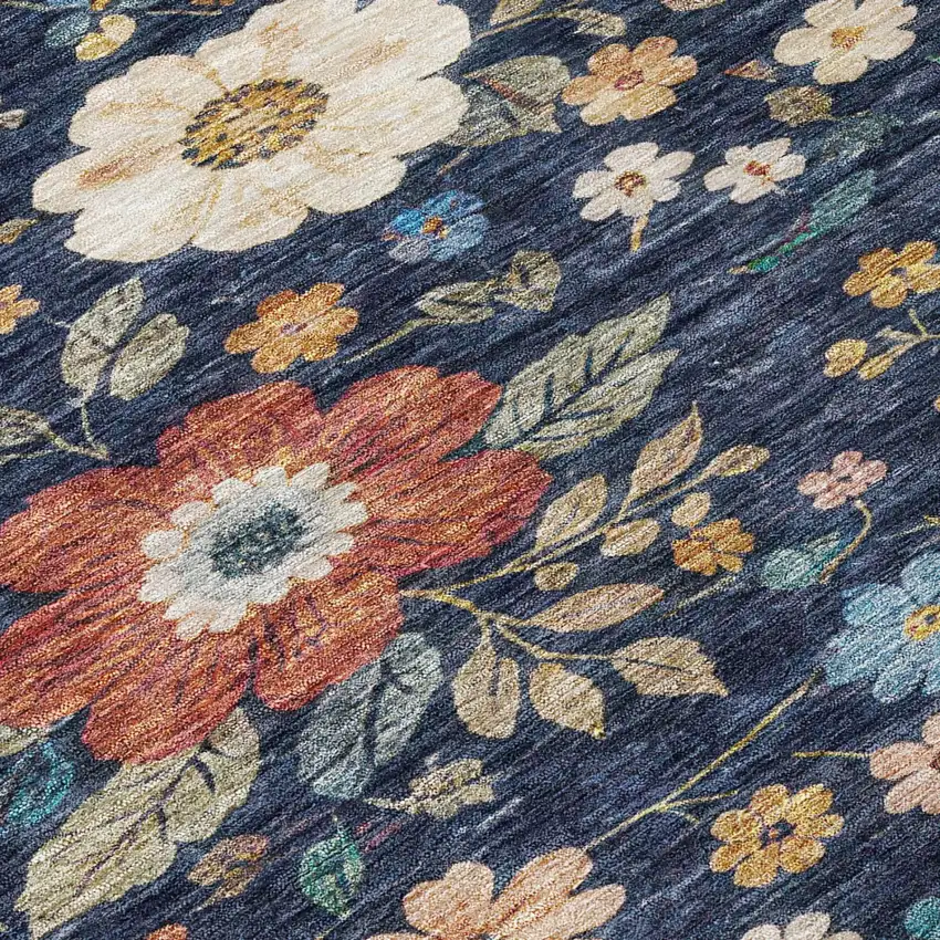 Navy Blue And Blue Floral Washable Indoor Outdoor Area Rug Photo 6