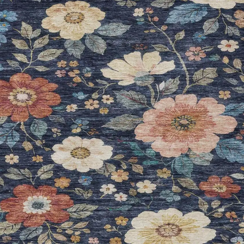 Navy Blue And Blue Floral Washable Indoor Outdoor Area Rug Photo 7