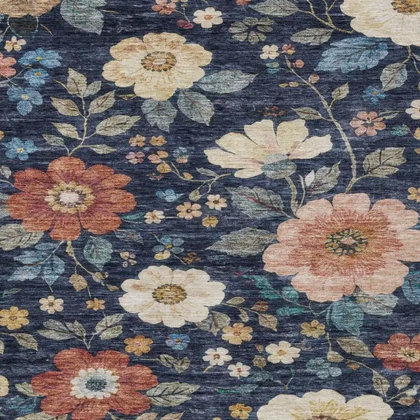 Navy Blue And Blue Floral Washable Indoor Outdoor Area Rug Photo 2