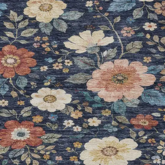 Navy Blue And Blue Floral Washable Indoor Outdoor Area Rug Photo 9