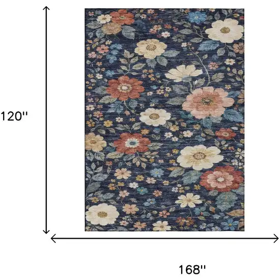 Navy Blue And Blue Floral Washable Indoor Outdoor Area Rug Photo 8