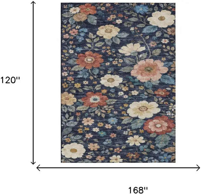 Navy Blue And Blue Floral Washable Indoor Outdoor Area Rug Photo 8